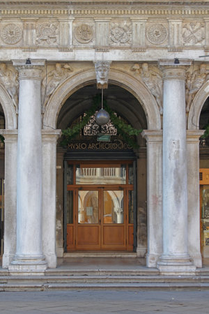 VENICE, ITALY - DECEMBER 19: Entrance to Archaeological Museum Venice on DECEMBER 19, 2012.  Arch Door Access to Museo Archeologico at St Mark Square in Venice, Italy.のeditorial素材