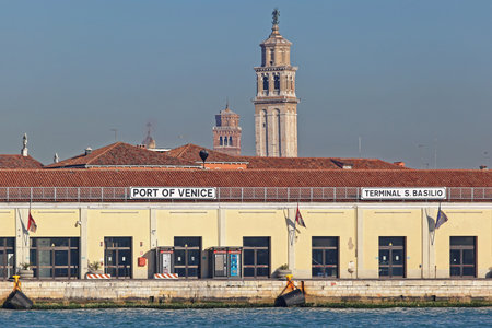 VENICE, ITALY - DECEMBER 19: Venice Port Authority in Venice on DECEMBER 19, 2012. Dock and Port Building in Venice, Italy.のeditorial素材