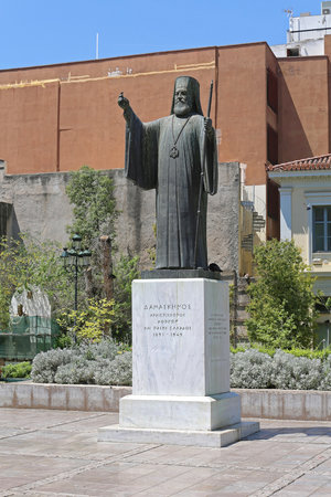 ATHENS, GREECE - MAY 05: Statue of Archbishop Damaskinos in Athens on MAY 05, 2015. Damaskinos Papandreou of Athens Monument at Platia Mitropoleos in Athens, Greece.のeditorial素材