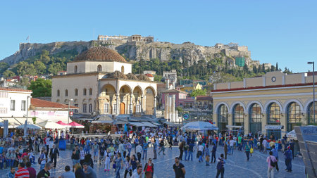 ATHENS, GREECE - MAY 04: Crowd of Tourists at Monastiraki Square in Athens on MAY 04, 2015. Popular Shopping District With Tsisdarakis Mosque in Old Town of Athens, Greece.のeditorial素材