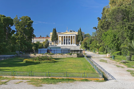 ATHENS, GREECE - MAY 04: Zappeion Hall in the National Gardens in Athens on MAY 04, 2015. Zappeion Neoclassical Building Conference and Exhibition Center in Athens, Greece.のeditorial素材