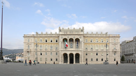 TRIESTE, ITALY - OCTOBER 13: Government Palace in Trieste on OCTOBER 13, 2014. Municipal Building at Unity of Italy Square in Trieste, Italy.のeditorial素材