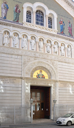 TRIESTE, ITALY - OCTOBER 14: Saint Spyridon Church in Trieste on OCTOBER 14, 2014. Serbian Orthodox Parish of St. Spyridion Thaumaturge at Genoa Street in Trieste, Italy.のeditorial素材