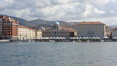 TRIESTE, ITALY - OCTOBER 14: Waterfront Cityscape Panorama of Trieste on OCTOBER 14, 2014. Panoramic...