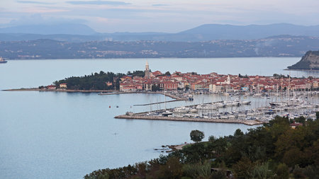 IZOLA, SLOVENIA - OCTOBER 14: Aerial Landscape of Izola on OCTOBER 14, 2014. Seaside Town and Port for Yachts in Izola, Slovenia.のeditorial素材