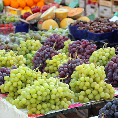 White and Red Grapes in Clusters at Farmers Market