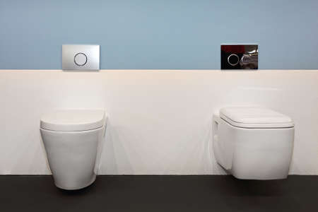 Two Ceramic Toilet Seat in Contemporary Bathroomの写真素材