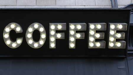 Coffee Sign With White Lightbulbsの写真素材