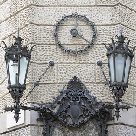 Iron Clock With Lanterns at Building Corner in Trieste