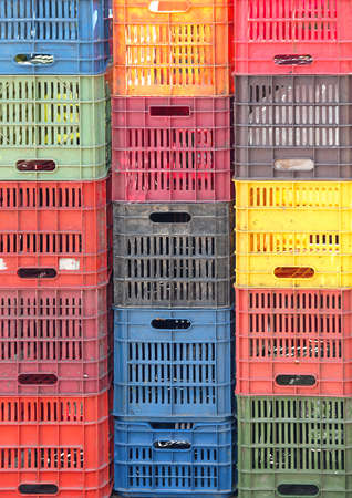 Stackable Plastic Crates for Produce at Farmers Marketの写真素材