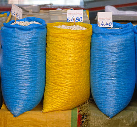 Various Beans Food in Bulk Sacks at Marketの写真素材