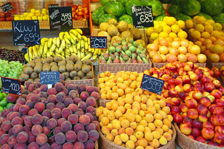 Fresh Fruits in Baskets at Farmers Market
