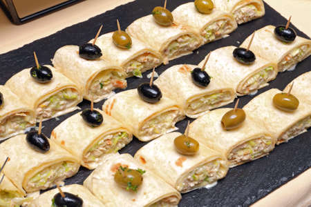 Mayo Flatbread Wraps Sandwiches With Olivesの写真素材