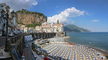 AMALFI, ITALY - JUNE 27, 2014: People at Sandy Beach in Amalfi, Italy.のeditorial素材