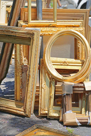 Rustic Gold Picture Art Frames at Flea Marketの写真素材