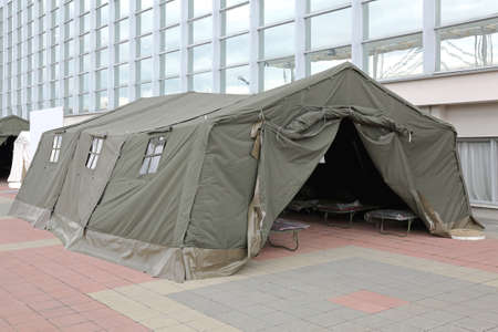 Green Tent Temporary Shelter for Disasters and Refugeの写真素材
