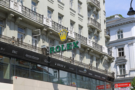 Vienna, Austria - July 12, 2015: Rolex Clock Sign at Wagner Shop in Vienna, Austria.のeditorial素材