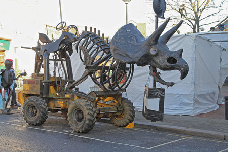 London, United Kingdom - December 20, 2009: Unusual Vehicle With Dinosaur Skeleton Prop Structure at Portobello Road Market in London, UK.のeditorial素材