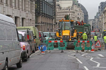 London, United Kingdom - January 14, 2010: Road Works Maintenance at Central Streets in London, UK.のeditorial素材