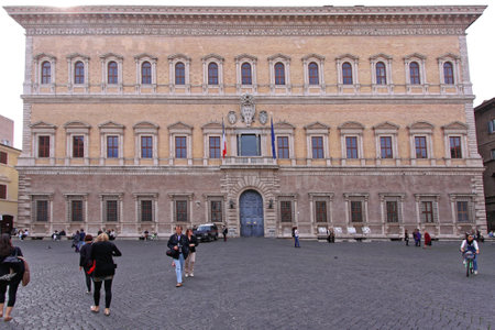Rome, Italy - October 25, 2009: French Embassy Building Palace Farnese With Security Guards in Rome, Italy.のeditorial素材