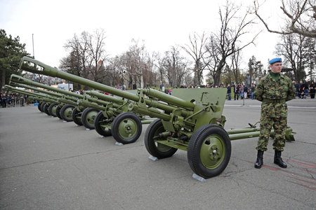 Belgrade, Serbia - February 14, 2016: Military Parade at Kalemegdan in Belgrade, Serbia.のeditorial素材