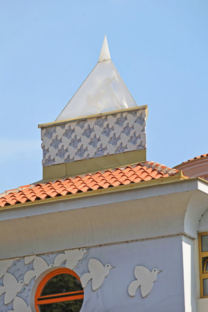 Skopje, Macedonia - September 17, 2012: Top of Memorial House and Museum Building of Mother Teresa in Skopje, Macedonia.のeditorial素材