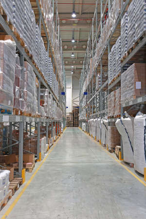 Food Distribution Warehouse Row With Bulk Sacks in Shelves