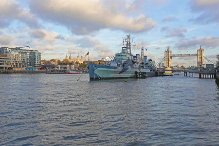 HMS Belfast Royal Navy War Ship at Thames RIver in Londonのeditorial素材