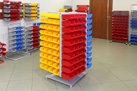 Universal Storage Organizer Rack With Plastic Bins and Boxesの写真素材