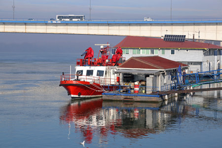 BELGRADE, SERBIA - DECEMBER 19, 2014: Fire Boat Moored at Sava River in Belgrade, Serbia.