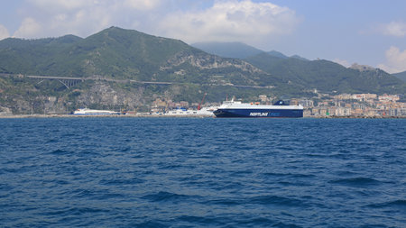 SALERNO, ITALY - JUNE 28, 2014: Neptune Thelisis Car Carrier RoRo Ship Leaving Port in Salerno, Italy.のeditorial素材
