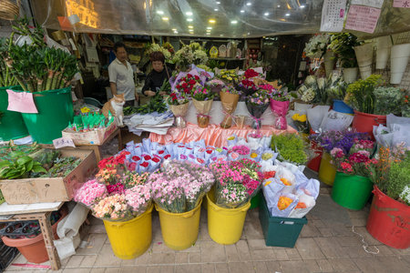 KOWLOON, HONG KONG - APRIL 21, 2017: Florist Shop at Flower Market Road in Kowloon, Hong Kong.のeditorial素材