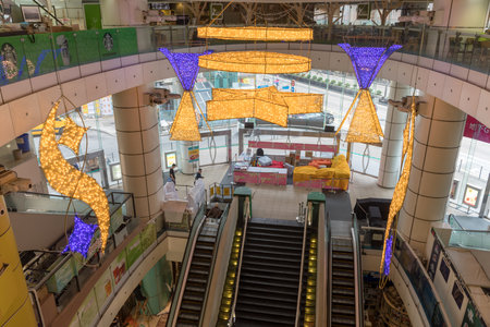KOWLOON, HONG KONG - APRIL 21, 2017: Pioneer Centre Shopping Arcade at Corner of Bute Street and...