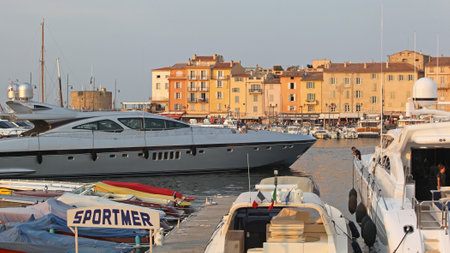 SAINT TROPEZ, FRANCE - JULY 12, 2013: Luxury Yacht Entering in Marina Port in Saint Tropez, France.のeditorial素材