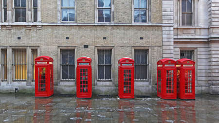 Five Red Telephone Booths at West End in London UKの写真素材