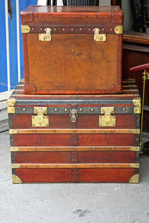 Vintage Leather and Wood Luggage Trunks Travel Caseの写真素材