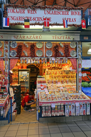 Budapest, Hungary - July 13, 2015: Hungarian Souvenir Shop at Central Market Hall in Budapest, Hungary.のeditorial素材