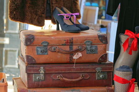 Stack of Vintage Luggage Suitcases at Flea Market in Londonの写真素材