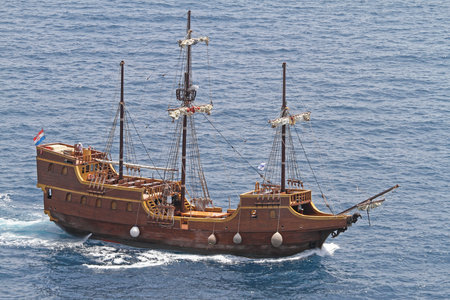 Dubrovnik, Croatia - June 13, 2010: Replica of Wooden Medieval Pirate Ship Tirena in Dubrovnik, Croatia.のeditorial素材