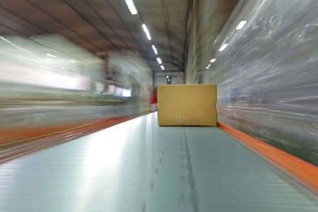 Shipping Boxes at Conveyor Belt in Distribution Warehouse
