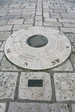 Rovinj, Croatia - October 15, 2014: Compass Directions and Names of Winds at Dock in Rovinj, Croatia.のeditorial素材