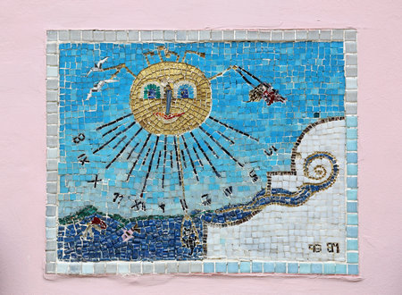 Rovinj, Croatia - October 15, 2014: Sundial Mosaic at Wall in Rovinj, Croatia.