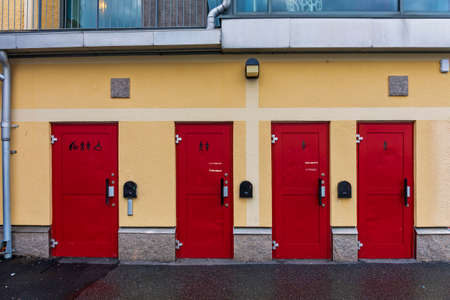 Red Doors at Public Toilet Bathroom Facility