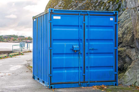 One Blue Cargo Container at Coast in Swedenの写真素材