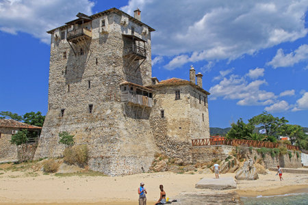 Ouranopoli, Greece - June 27, 2011: Old Byzantine Tower Landmark in Ouranopolis, Greece.のeditorial素材