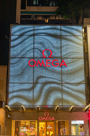 Hong Kong, China - April 24, 2017: Big Led Display at Omega Shop in Hong Kong, China.のeditorial素材
