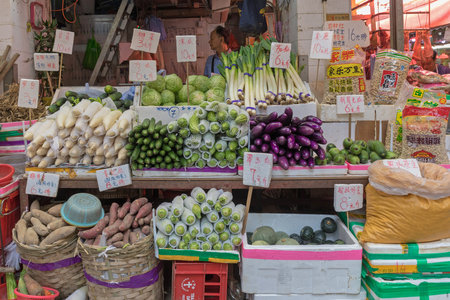 KOWLOON, HONG KONG - APRIL 22, 2017: Fresh Vegetables Variety at Farmers Market in Mong Kok Kowloon, Hong Kong.のeditorial素材