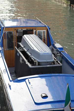 Venice, Italy - December 18, 2012: Hearse Boat With Casket Funeral in Venice, Italy.