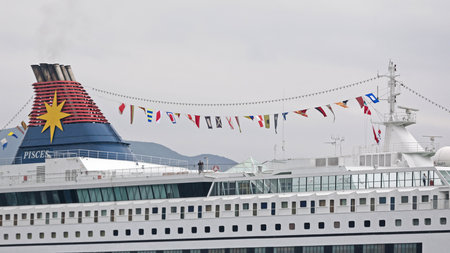 Hong Kong, China - April 23, 2017: Star Cruises Ship Top Deck With Flags in Hong Kong, China.のeditorial素材
