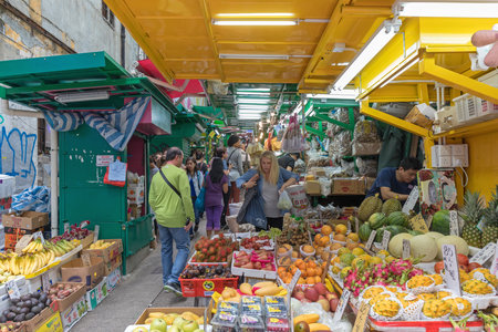 Hong Kong - April 22, 2017: Fruits and Vegetables at Street Market in Central, Hong Kong.のeditorial素材